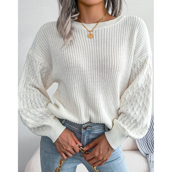 Women's Honeycomb Long Sleeve Sweater Lightweight Crew Neck Knit Pullover - Picture 3 of 7